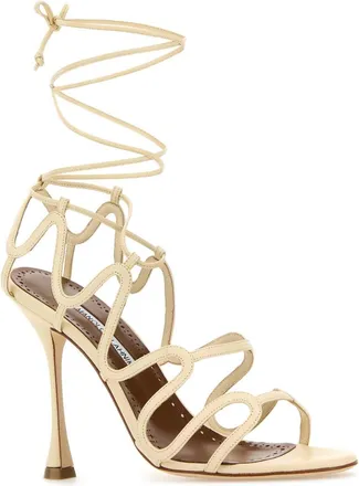 Manolo Blahnik Womens Fawda Heel Sandal Beige Leather
