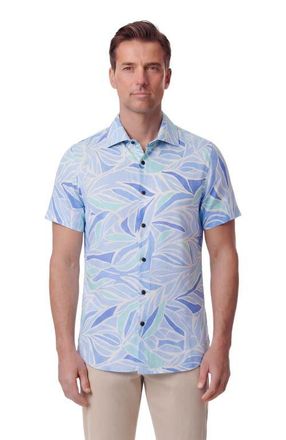 Lords of Harlech Simple Leaves Short Sleeve Fine Linen Shirt in Simple Leaves Blue at Nordstrom, Size Xx-Large