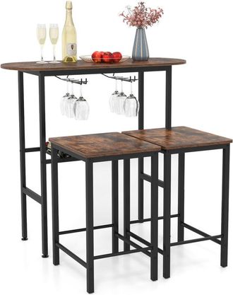 Costway 3 Pieces Breakfast Bar Set Bar Table Set with 2 Stools-Brown