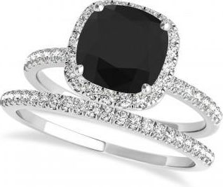 Allurez Cushion Black Diamond & Diamond Halo Bridal Set French Pave 14k White Gold 1.72ct