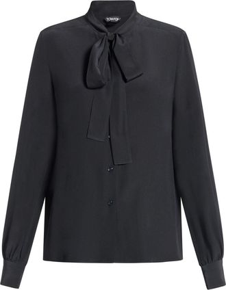 Tom Ford ribbon tie-neck silk blouse - women - Mother of Pearl/Silk - 36 - Black