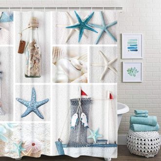 OEM Cortina De Ducha Textil De 180 X 180 Cm Con Anillas, Estampado De Estrellas De Mar, Para Ba&ntilde;era - Impresi&oacute;n Digital - Poli&eacute;ster - Antideslizante - Cre