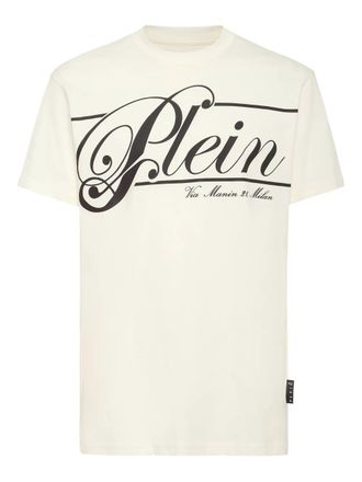 Philipp Plein Mens Italic Logo-print Cotton T-shirt - Ivory - Size X-Large