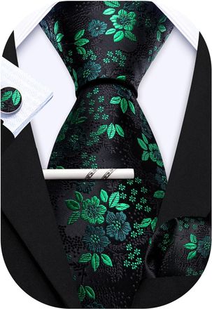 Barry.Wang Mens Ties Set Silk Floral Paisley Necktie Pocket Square Cufflinks Clip 4PCS Set Business Wedding Party Work for Men Tie