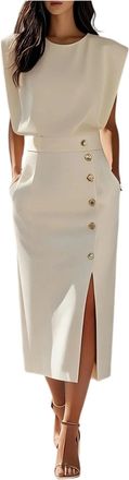 Generic Work Business Office Party Bodycon Pencil Sheath Dress, Womens Wedding Guest Sheath Dresses, Cap Sleeve Slit Dress (Beige,XL)