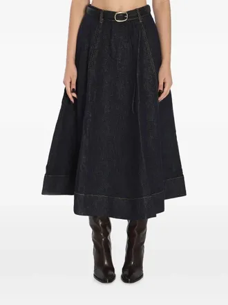Self Portrait Denim Flared Midi Skirt