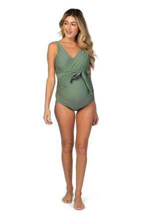Pinkblush Waist Tie Maternity One-Piece Swimsuit in Olive Green at Nordstrom, Size Medium