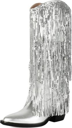 Generic Womens Pointed Toe Mid-Calf Western Boots PU Leather Tassel Boots with Side Zipper Chunky Heel Cowboy Boot,Silver,6.5 UK
