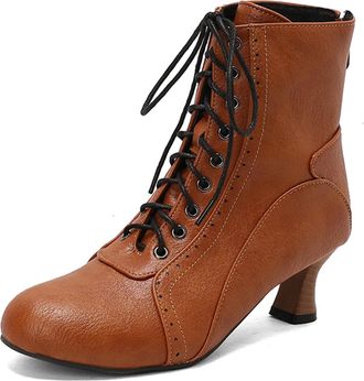 Generic Womens Victorian Style Ankle Boots Chunky Low Mid Heel Round Toe Lace-Up Front Faux Leather Short Booties for Cocktail Party Bridal Reception,Yellow,6