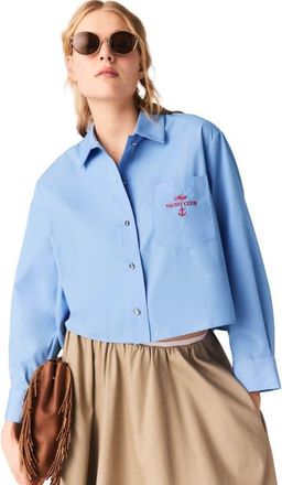 Maje Pleated back embroidered shirt in Blue at Nordstrom, Size X-Small