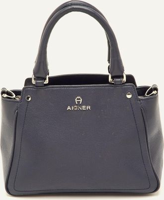 Aigner Navy Blue Leather Top Zip Satchel