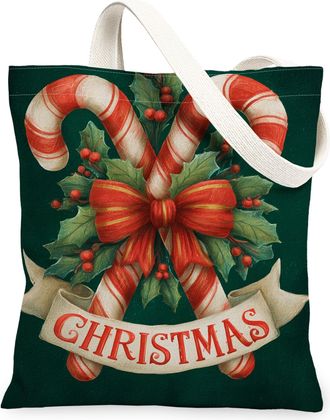 Generic Christmas Candy Cane Canvas Tote Bags, Holiday Floral Pattern Reusable Grocery Bags, Winter Vintage Lightweight Washable Sh, Green, 13x15 Inch