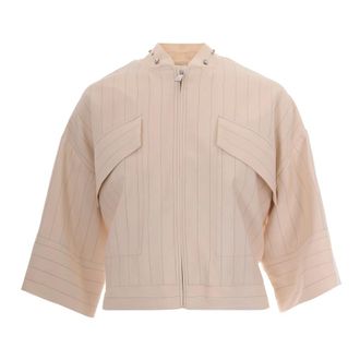 Liu Jo Light Jackets, female, Beige, Size: M Pinstripe Jacket with Bejewelled Embellishment