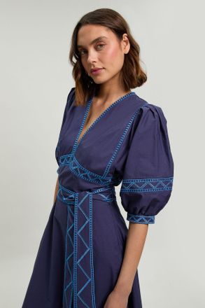 Karen Millen Womens Embroidered Detail Belted Midi Dress - Navy Cotton - Size 12 UK