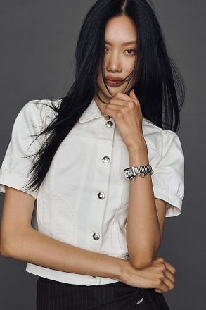 Maeve Puff-Sleeve Crop Denim Jacket