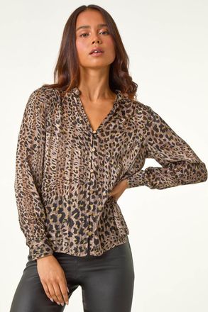 Roman Animal Print Button Up V-Neck Blouse