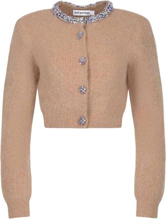 Self Portrait Cardigan Con Cristalli In Beige-Donna