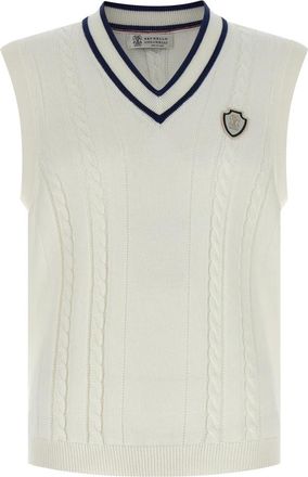Brunello Cucinelli Gebreid katoenen vest met vlechtpatroon - Heren - Spencers - Wit - L - Katoen - Truien & Vesten