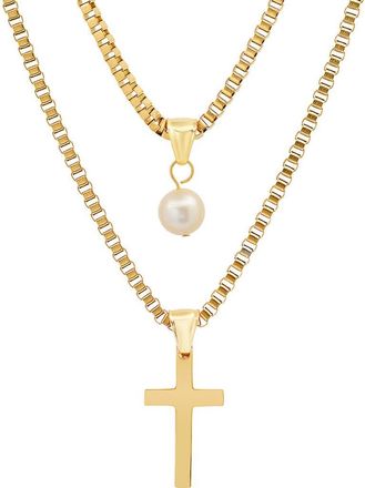 HMY Jewelry 18K Gold Plated Stainless Steel Imitation Pearl & Cross Pendant Layered Necklace in Yellow at Nordstrom Rack