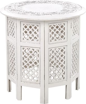 Beliani Mesa Auxiliar De Madera De Mango Blanco Crema 53 Cm Tallado Desgastado Elara