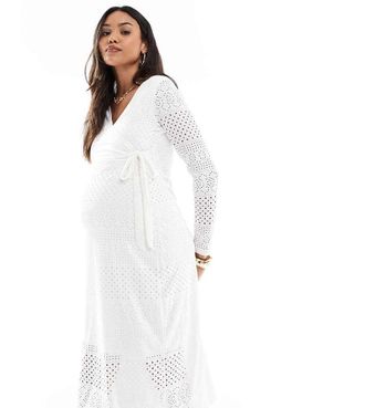 Mama Licious Mamalicious Maternity jersey eyelet wrap midi dress in white