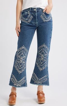 Farm Rio Cornely Embroidered Raw Hem Crop Jeans in Denim at Nordstrom Rack, Size 30