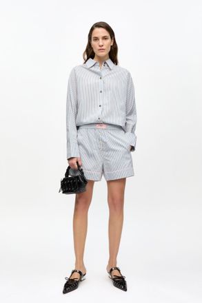 Ganni Candy-Striped Elasticated Shorts in Soft Chambray Size 32 Womens