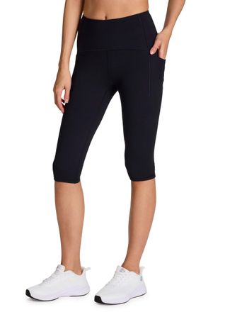 RBX Active Womens Squat Proof Training Capri, Moisture Wicking High Impact Ultra Cropped Capri Legging with Pockets, Black Satin Stitch, S