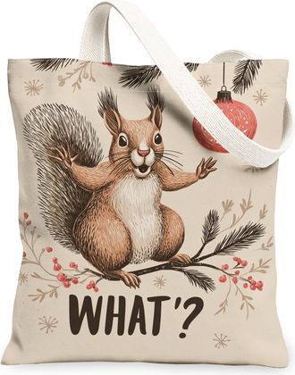 Generic Christmas Squirrel Canvas Tote Bags, Cute Animal Design Reusable Grocery Bags, Winter Lightweight Washable Shoulder Strap C, Beige, 13x15 Inch