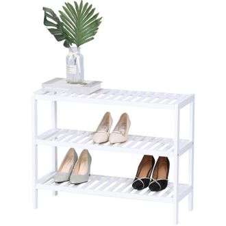 Relaxdays Relaxdays shoe rack, 3 levels, 9 pairs, HWD: 54.5 x 70 x 24.5 cm, shoe stand with slatted shelves, bamboo, white