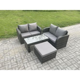 Fimous Fimous High Back Rattan Garden Furniture Set with Loveseat Sofa Rectangular Coffee Table Big Footstool Indoor Outdoor Patio Lounge Sofa Set Dark Grey