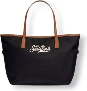 MC2 Saint Barth Rectangular Tote Bag With Contrasting Brown Handles And White Script Logo