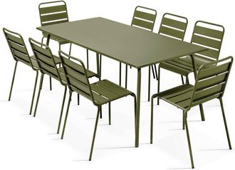 Oviala Conjunto mesa de jard&iacute;n y 8 sillas de metal verde caqui