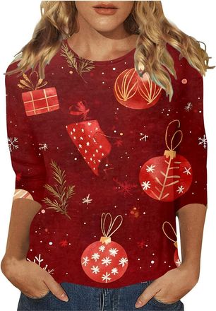 Generic Womens Christmas T Shirts Xmas Tops Trendy Cute Elk Christmas Tree Print Pullover Tops