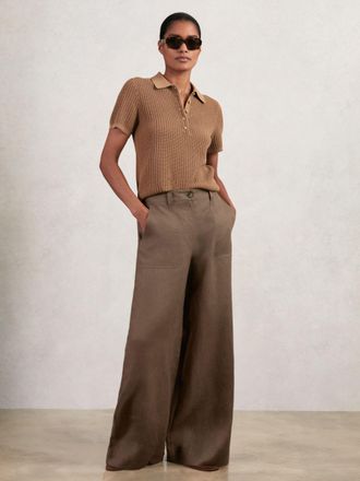 Reiss Chocolate Brown Linen Wide-leg Trousers, 10R