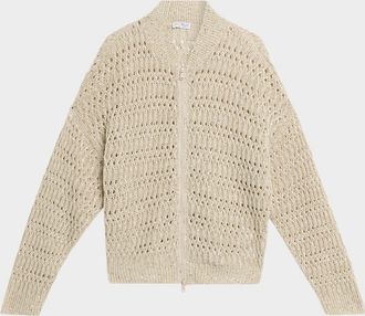 Brunello Cucinelli Paillette Linen Open-Knit Zip Cardigan