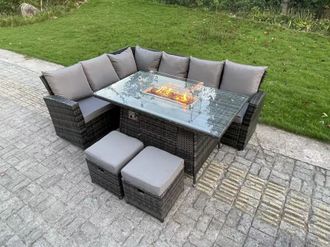 Fimous High Back Rattan Sets Gas Fire Pit Dining Table Set Heater Left Corner Sofa 8 Seater in Dark Grey