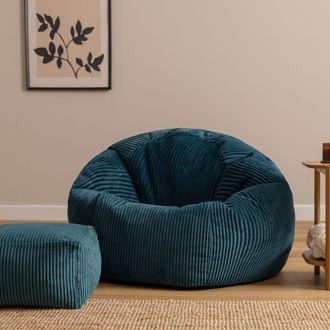 Icon Brand Puf cl&aacute;sico sill&oacute;n grande xl y reposapi&eacute;s de pana verde azulado