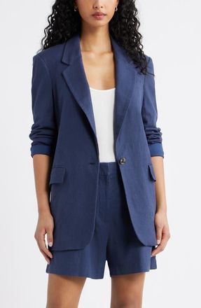 Open Edit Everyday Linen Blend Blazer in Navy Indigo at Nordstrom, Size Xx-Small