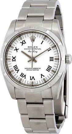 Rolex Pre-owned Rolex Airking White Roman Dial Engine Turned Bezel Mens Watch 114210WRO 34 mm