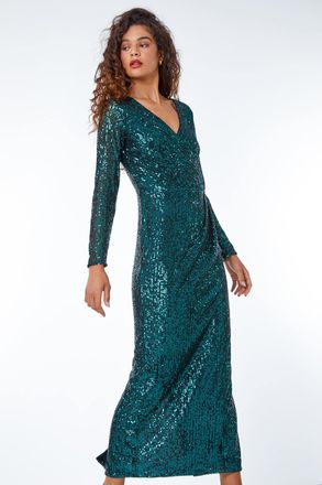 Roman Sequin Wrap Stretch Maxi Dress