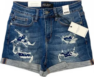 Judy Blue Womens Hi-Rise Star Patch Shorts In Blue