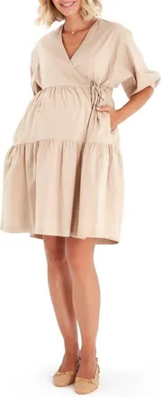 Accouch&eacute;e Waterfall Tie Waist A-Line Maternity/Nursing Wrap Dress in Beige at Nordstrom, Size Large/x-Large