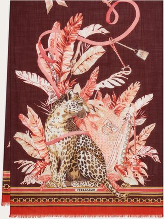 Ferragamo Women Feline print pure wool stole Red