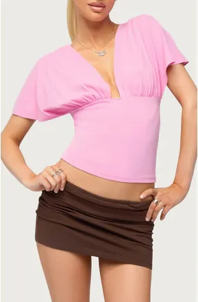 Edikted Flutter Sleeve Plunge Neck Crop Top in Pink at Nordstrom, Size X-Small