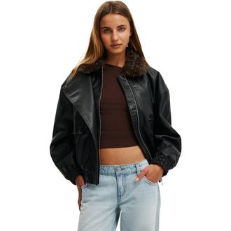 Cotton On Womens Darcy Faux Leather Bomber in Black at Nordstrom, Size Xx-Small