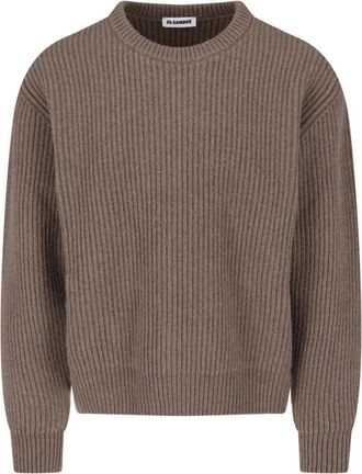 Jil Sander Brown Crewneck Ribbed Wool Sweater
