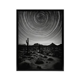 Artery8 Desert Landscape Star Trail Time Lapse Sky Framed Canvas Wall Art Print in Grey | Size: W24 x H32