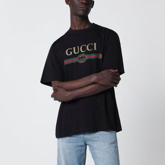 Gucci T-shirt nera in misto seta con stampa logo