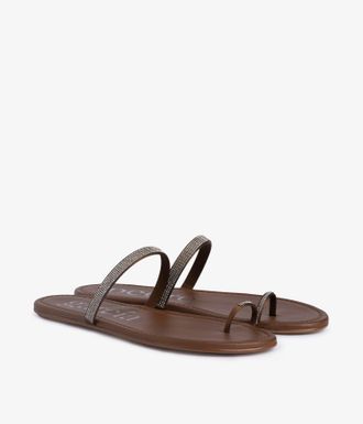 Pedro Garcia Flat thong sandal in brown satin and crystals | Pita | Spring Summer 26 | PEDRO GARCIA